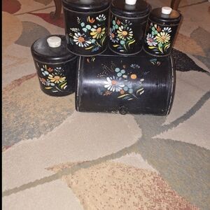 Floral Black Canister Set with Bread Box